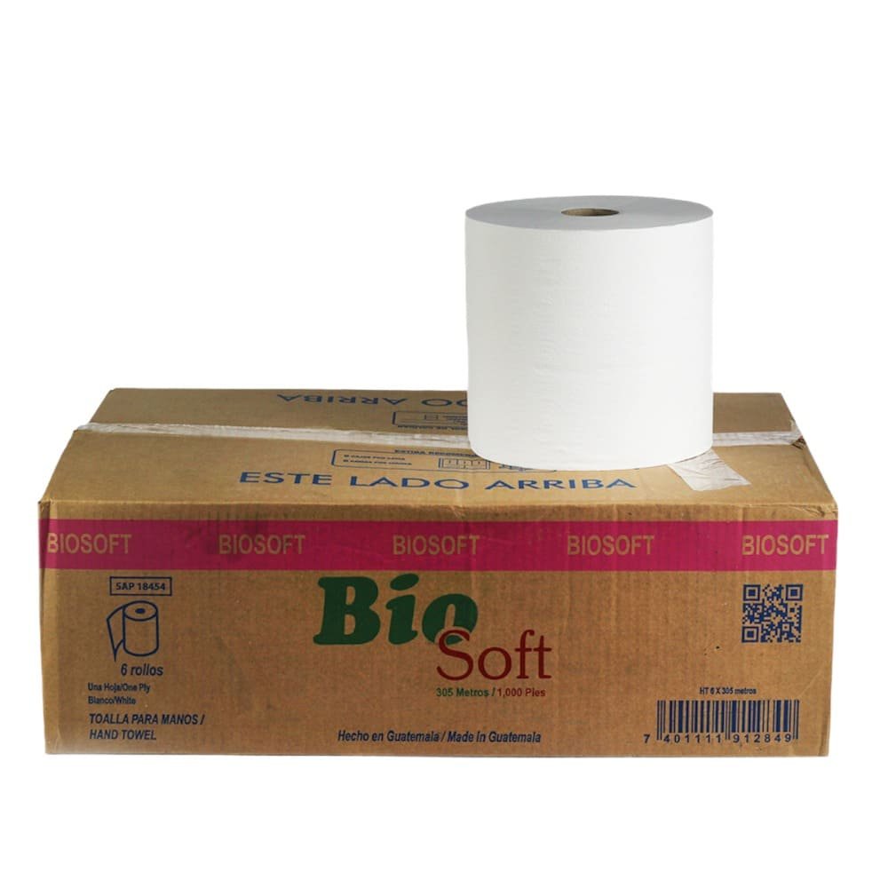 CAJA DE PAPEL TOALLA 305 METROS BIO SOFT 6 UNIDADES