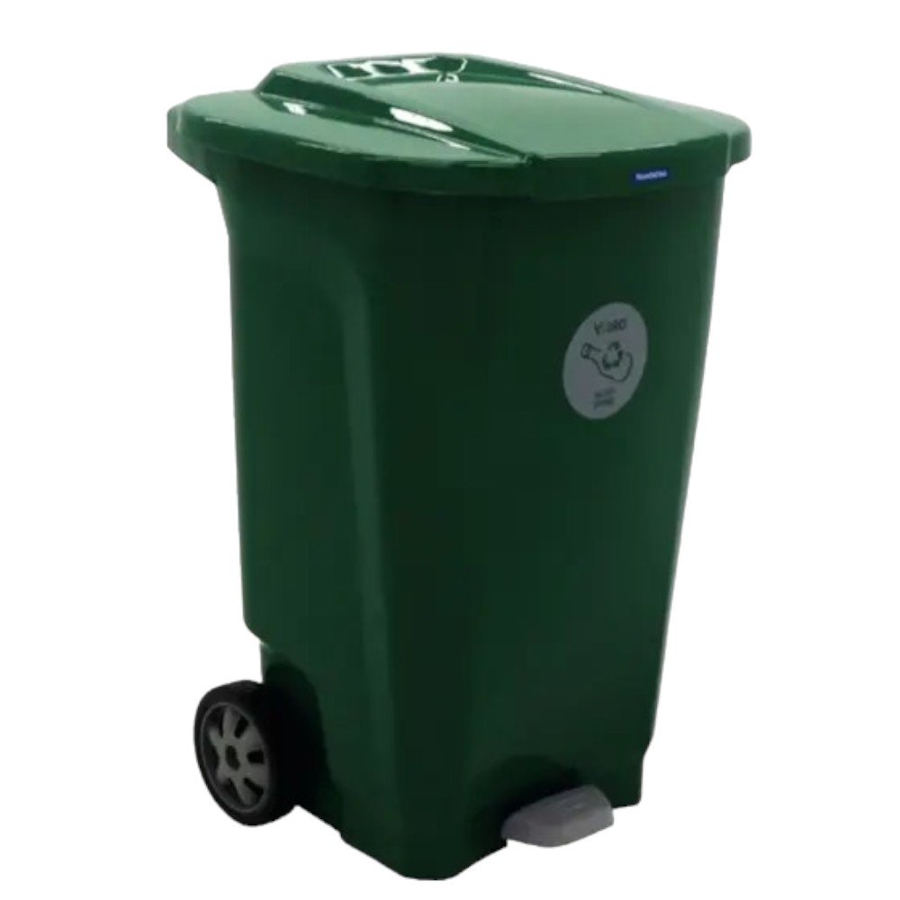 BASURERO CON TAPA Y PEDAL  100 LITROS CON RUEDAS VERDE TRAMONTINA