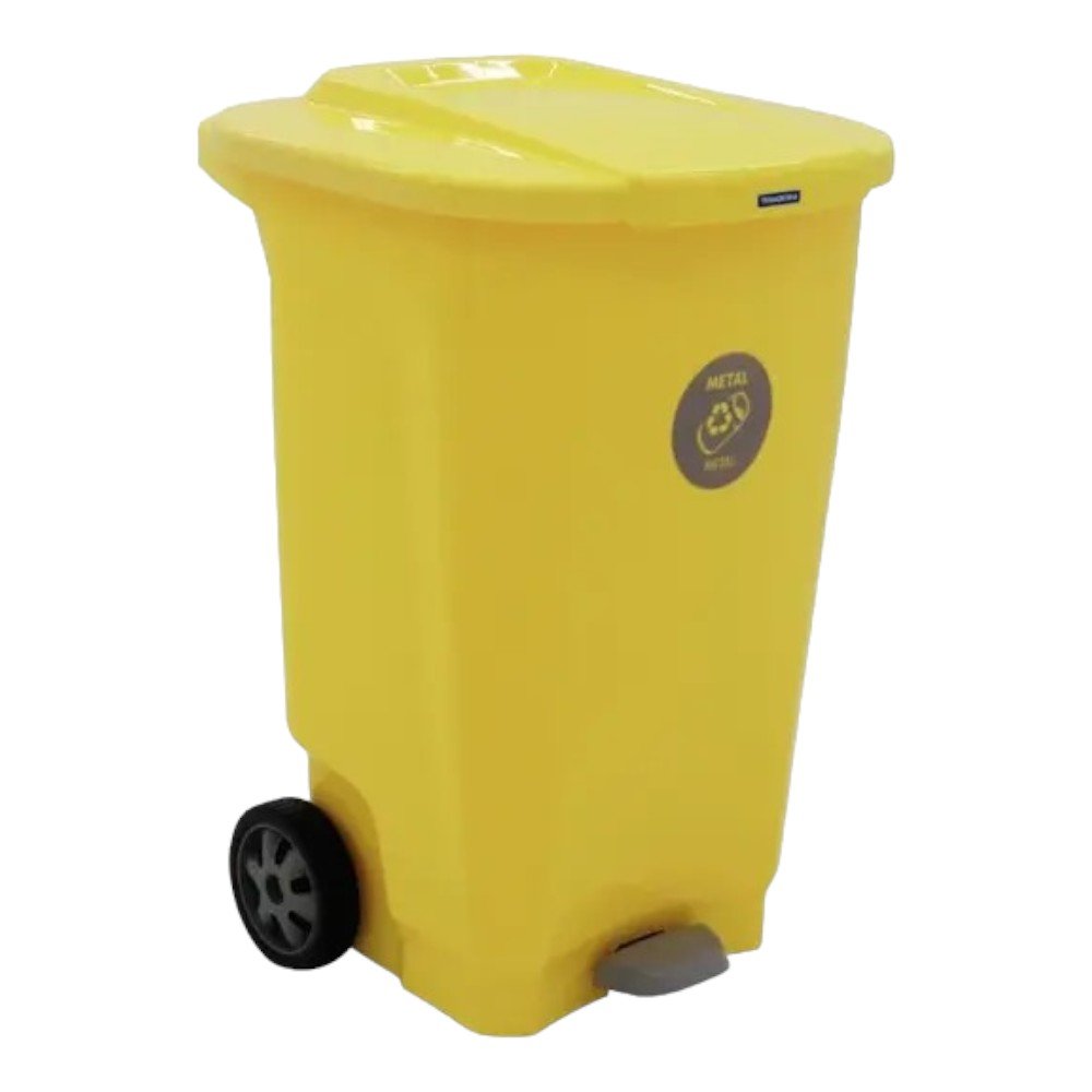 BASURERO CON TAPA Y PEDAL  100 LITROS CON RUEDAS AMARILLO TRAMONTINA