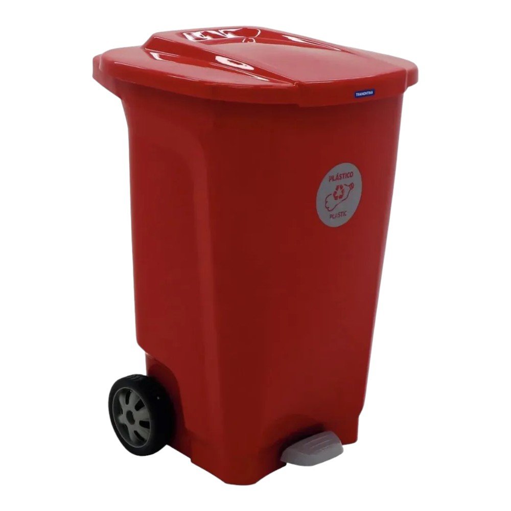 BASURERO CON TAPA  Y PEDAL 100 LITROS CON RUEDAS ROJO TRAMONTINA