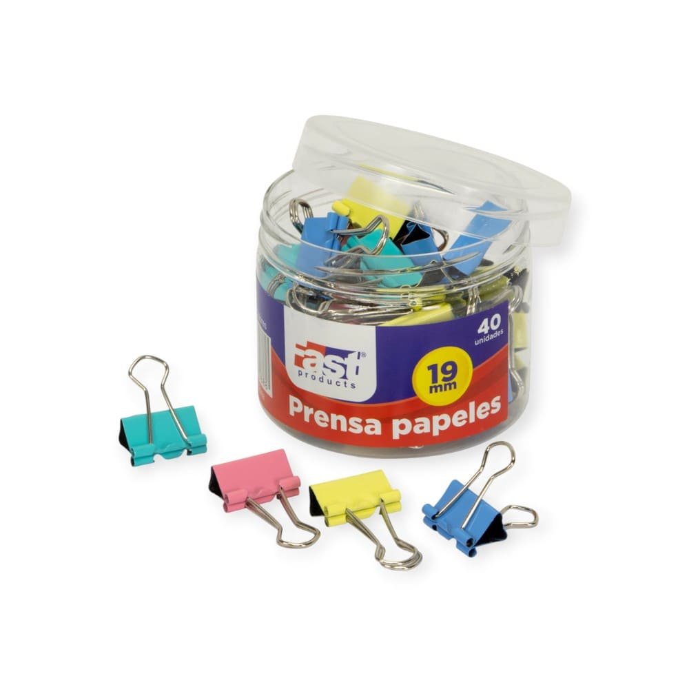 PRENSA PAPELES FAST 19 MM CAJA  40 UNI COLORES SURTIDOS