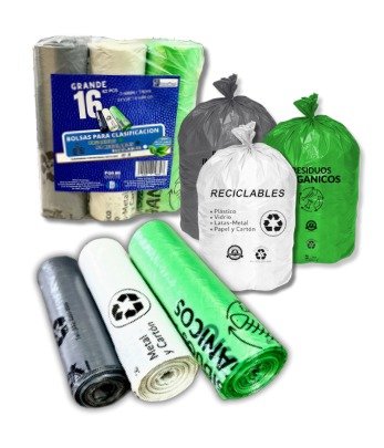 BOLSA PARA CLASIFICACION DE BASURA COLOR VERDE, GRIS, BLANCO 16 GALONES 24 X 35