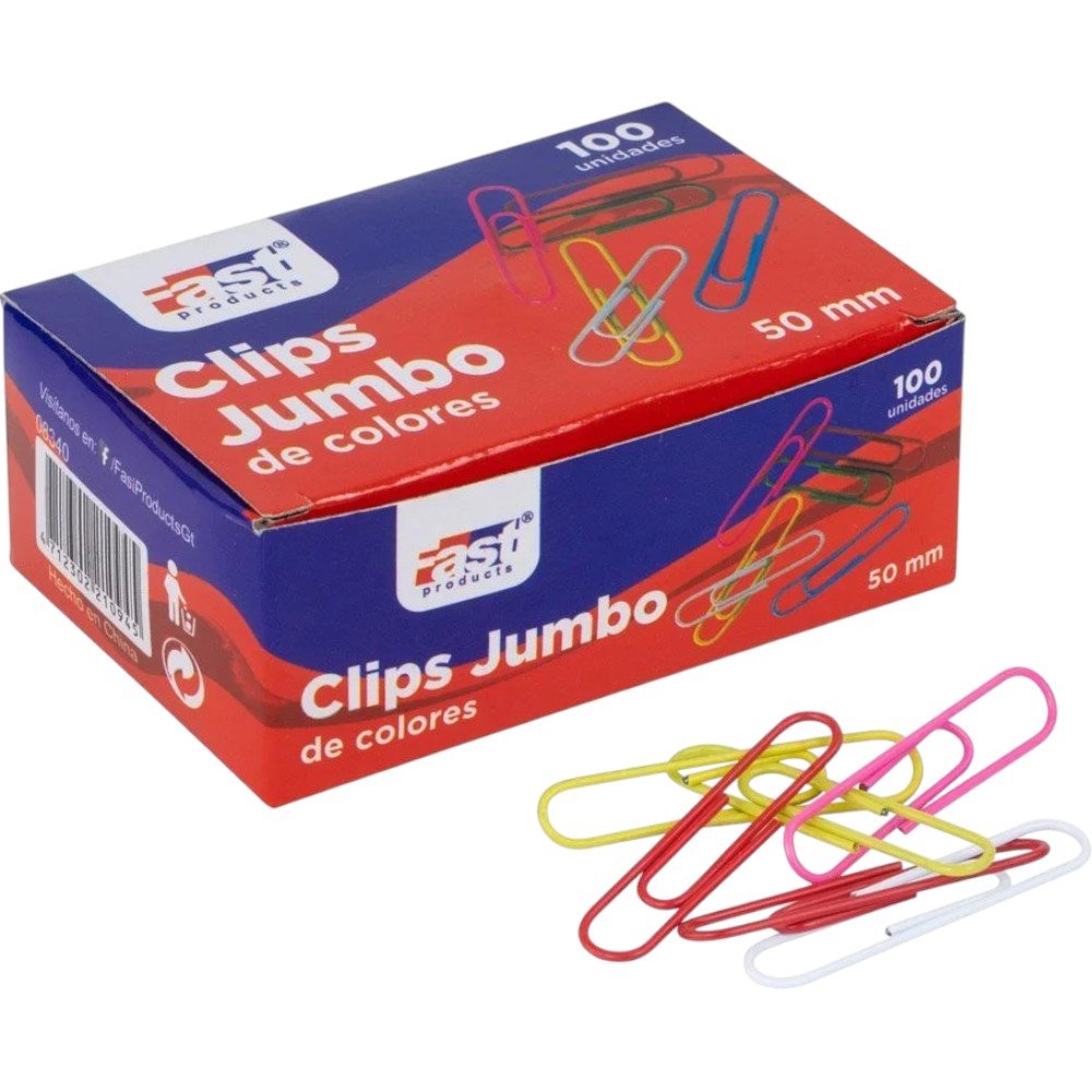 CLIPS JUMBO FAST COLORES CAJA CON 100 UNIDADES