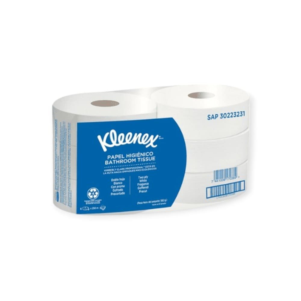 PAPEL HIGIENICO JUMBO KLEENEX DOBLE HOJA, 6 ROLLOS 250 METROS