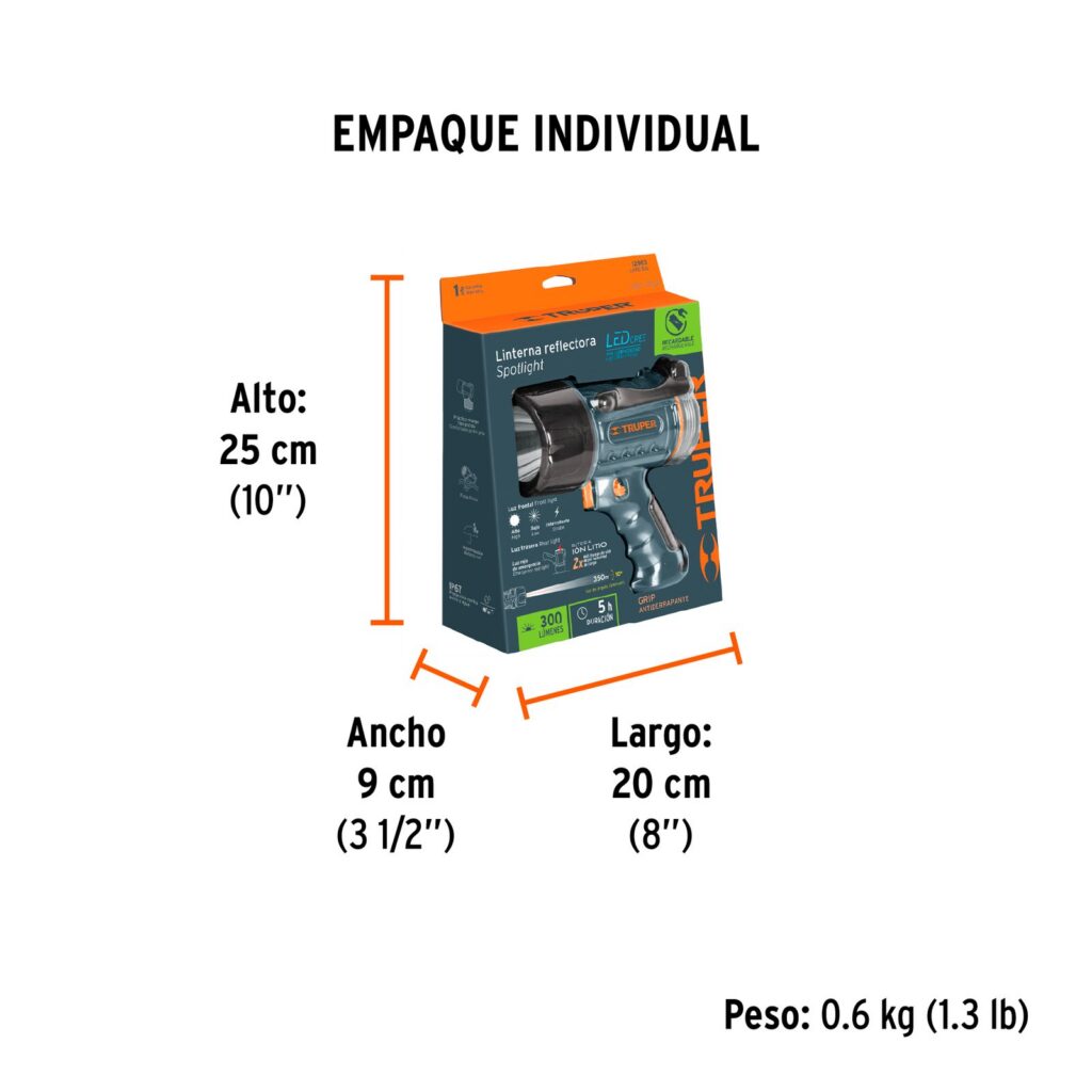 LÁMPARA RECARGABLE DE LED 300 LM ALTA POTENCIA, TRUPER 12983