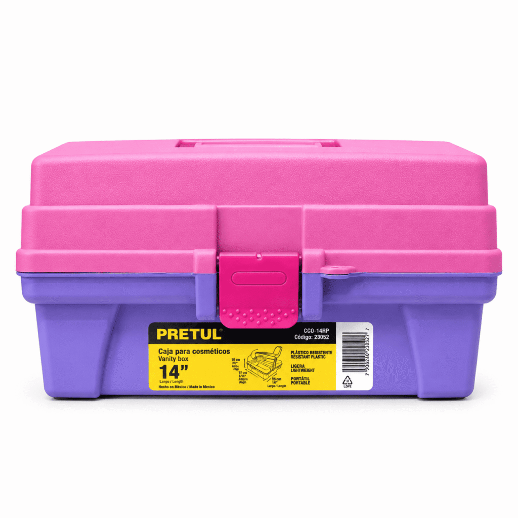 CAJA COSMETIQUERA 14 PULGADAS ROSA MORADO PRETUL